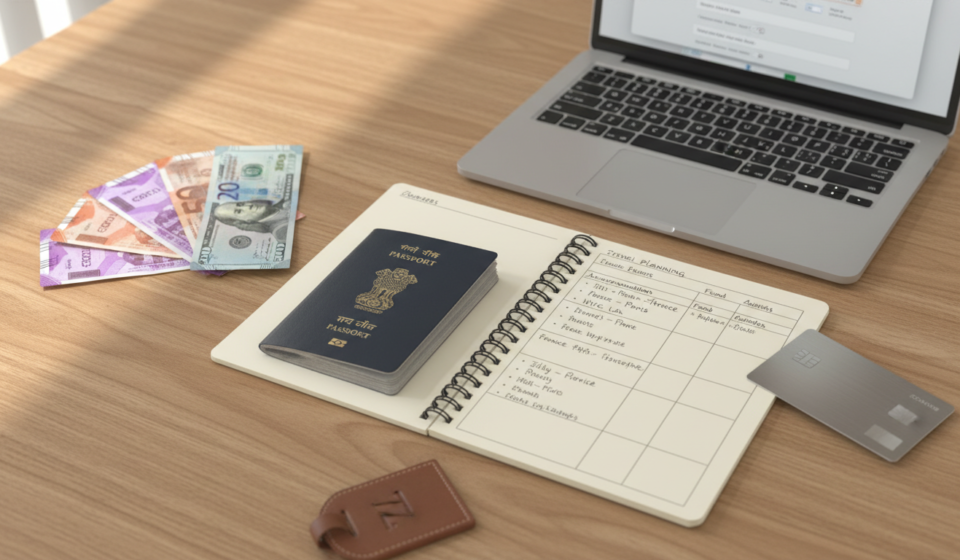 Visa and Passport Cost in India: 2026 Fee Breakdown for Travellers An organized wooden table with an Indian passport, foreign currency, credit card, and travel planning notes.