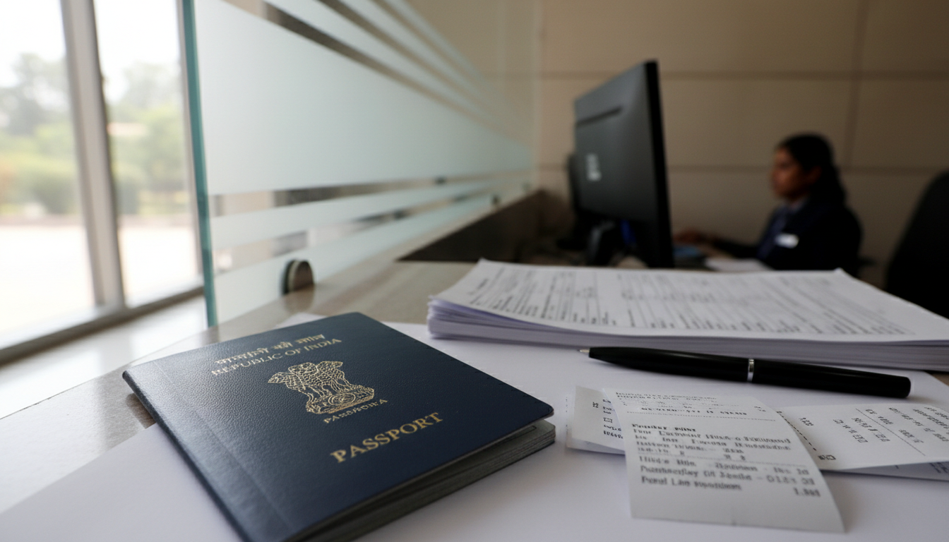 Visa and Passport Cost in India: 2026 Fee Breakdown for Travellers 1 Close-up of a blue Indian passport and application documents resting on a desk during an appointment.