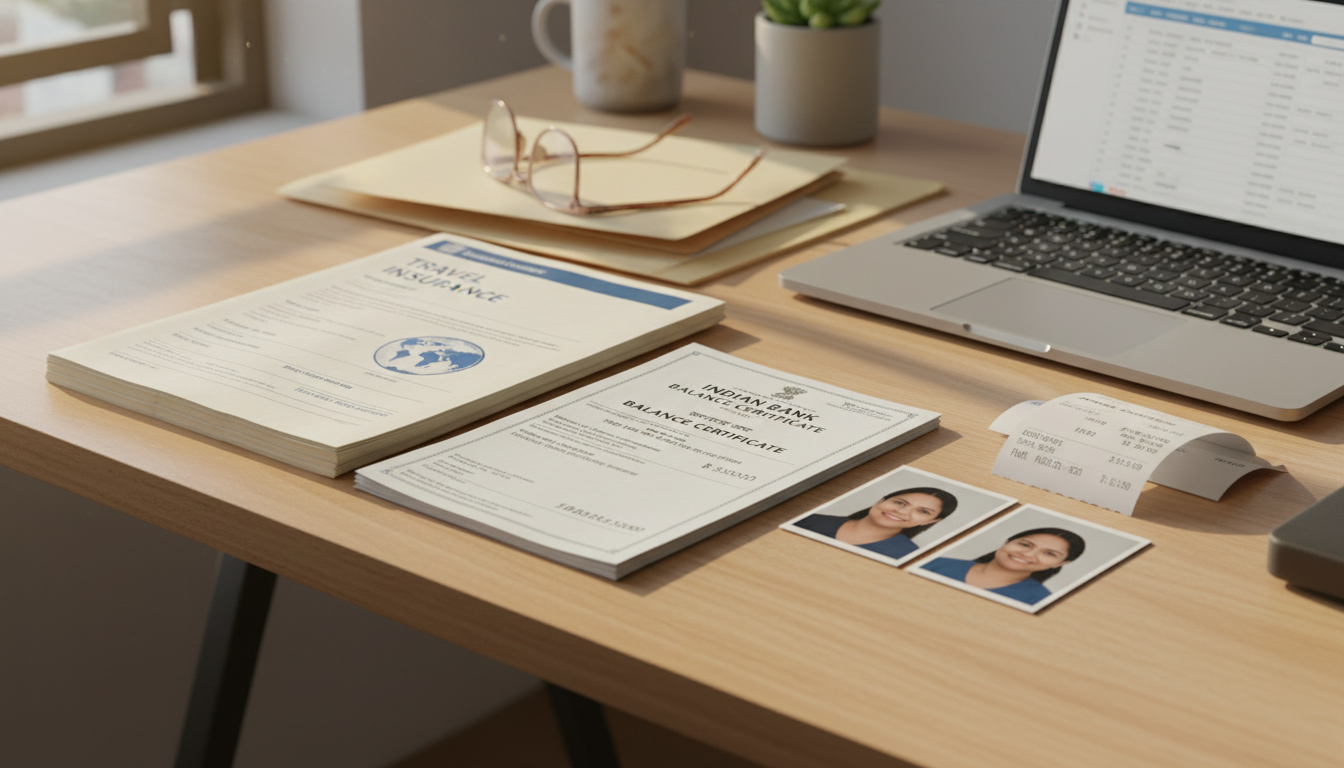 Visa and Passport Cost in India: 2026 Fee Breakdown for Travellers 2 Travel insurance papers, bank certificates, and passport photos arranged on a desk next to an open laptop.