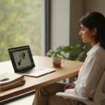 An Indian professional sitting at a desk with a laptop, passport, and organized visa application documents.