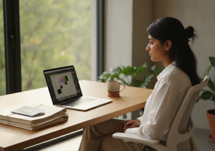 An Indian professional sitting at a desk with a laptop, passport, and organized visa application documents.