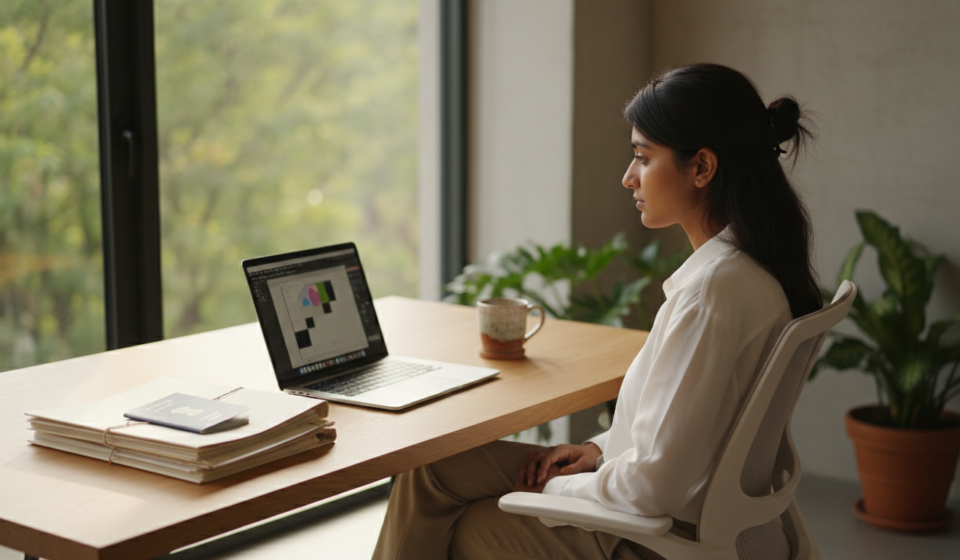 An Indian professional sitting at a desk with a laptop, passport, and organized visa application documents.