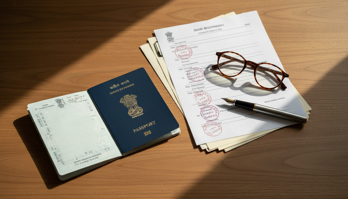 A close-up of an Indian passport, financial documents, and a pen arranged on a wooden desk.