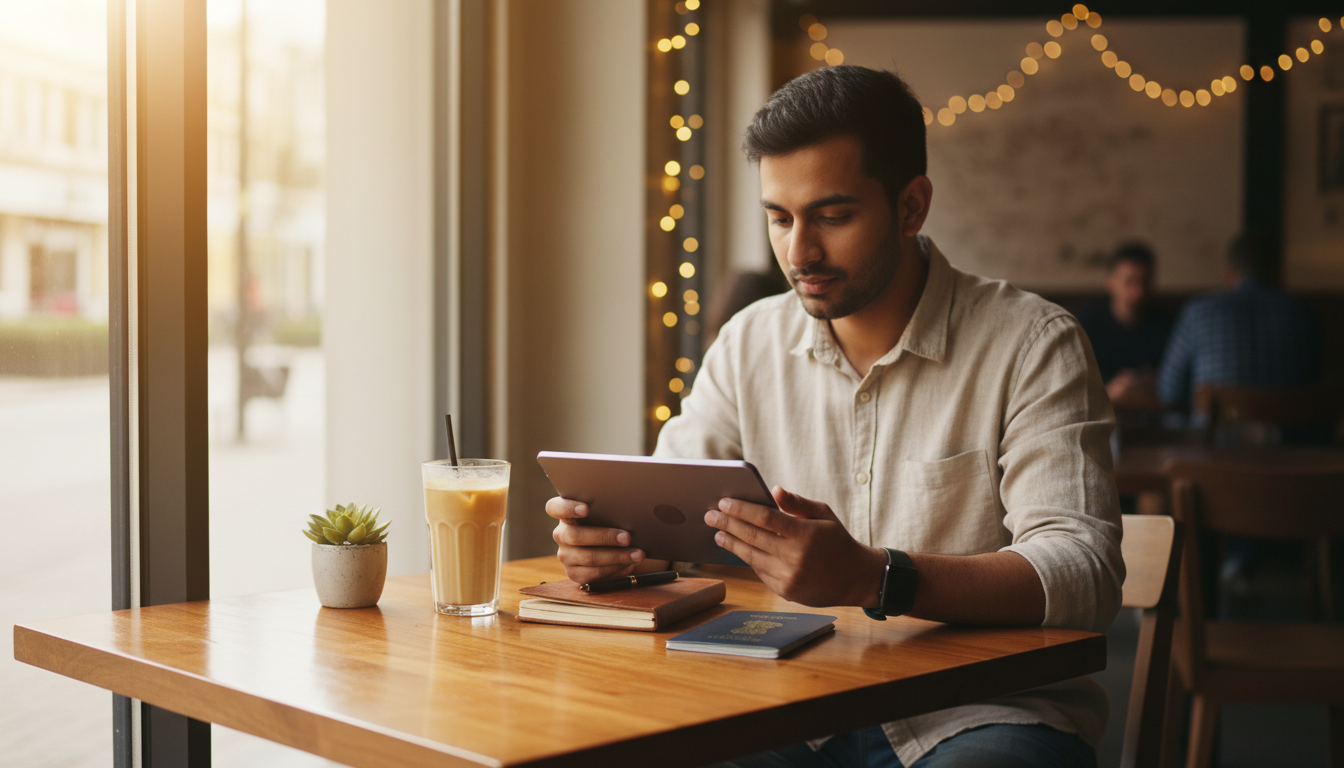 A traveller seated at a cafe table holding a tablet next to a passport and travel notebook.