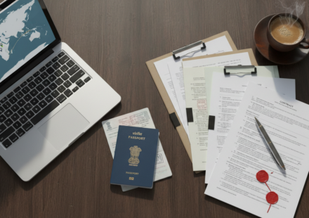 Overhead flat-lay of an Indian passport, travel documents, bank statements, and a laptop on a wooden desk.