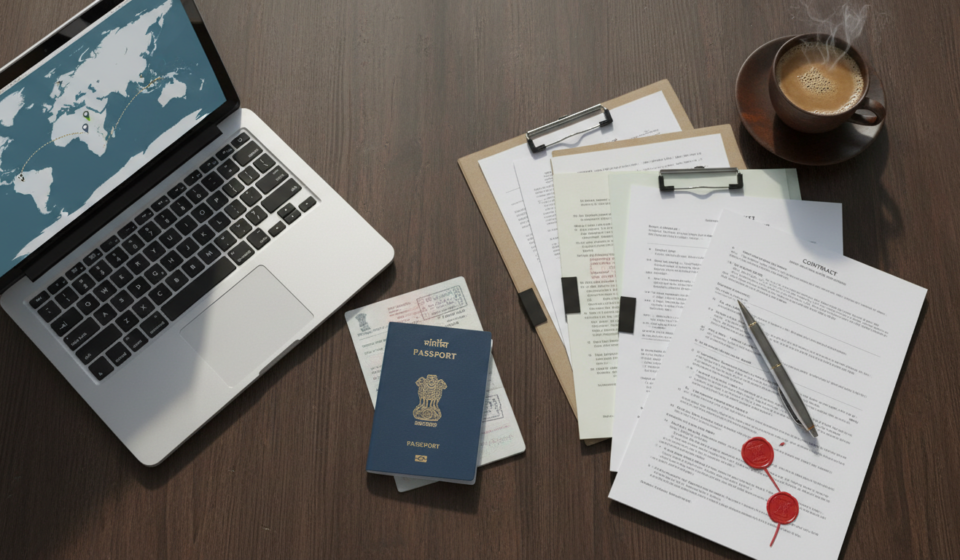 Overhead flat-lay of an Indian passport, travel documents, bank statements, and a laptop on a wooden desk.