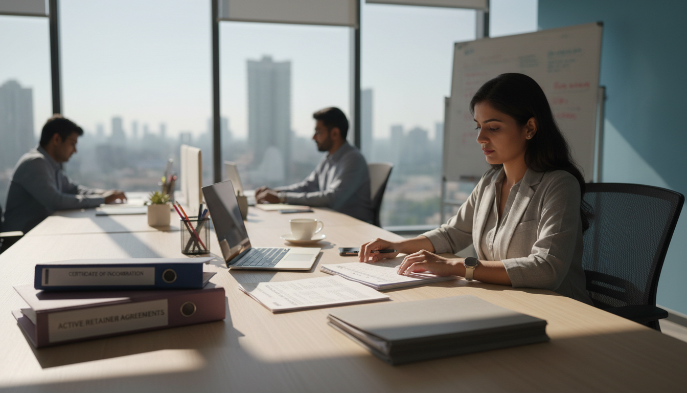 An independent consultant reviewing client contracts and business registration documents at a sunlit desk.