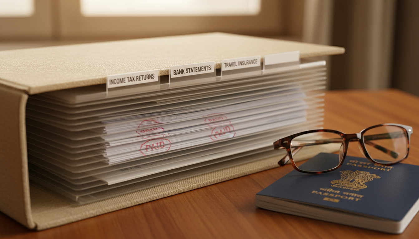 An accordion file folder with tagged sections for tax returns, bank statements, and passport.