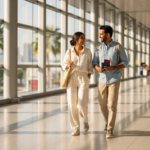 An Indian couple walking through a bright, modern airport terminal in Bangkok holding travel documents.