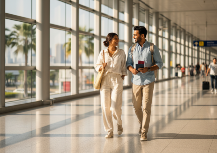 An Indian couple walking through a bright, modern airport terminal in Bangkok holding travel documents.