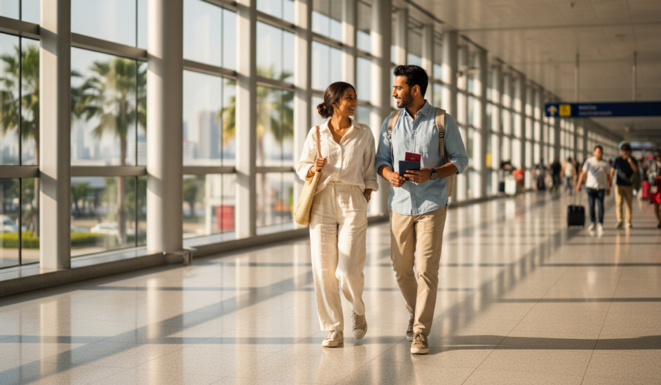 Thailand Visa for Indians (2026): VoA, e-Visa & Entry Rules An Indian couple walking through a bright, modern airport terminal in Bangkok holding travel documents.
