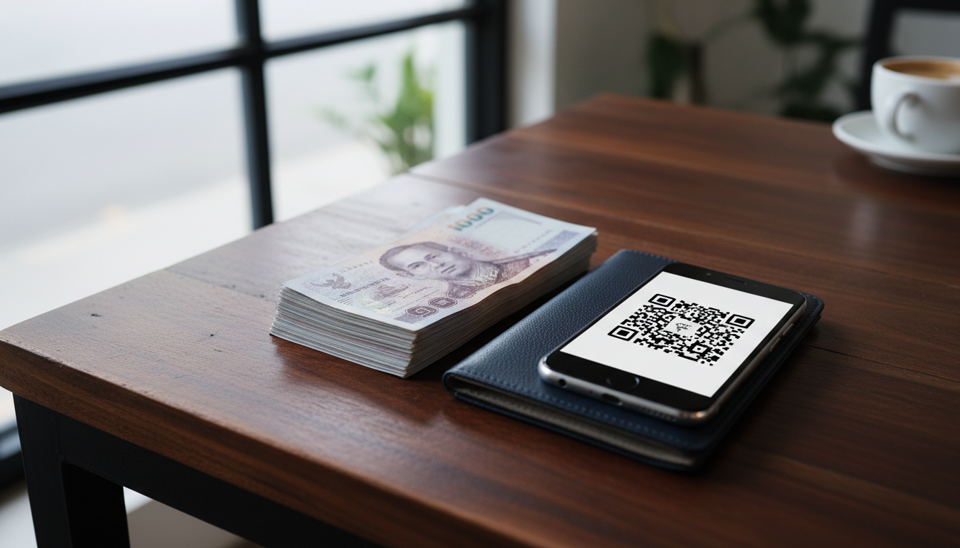 Thailand Visa for Indians (2026): VoA, e-Visa & Entry Rules 1 Thai Baht notes laid next to an Indian passport and a smartphone showing a digital QR code on a wooden table.