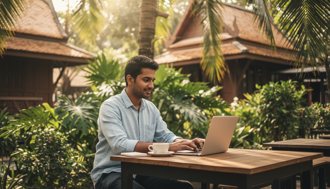 Thailand Visa for Indians (2026): VoA, e-Visa & Entry Rules 2 An Indian remote worker using a laptop at an open-air café surrounded by tropical foliage in Thailand.
