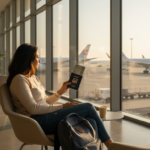 An Indian traveler holding a navy passport while seated near a large airport window overlooking airplanes on the runway.