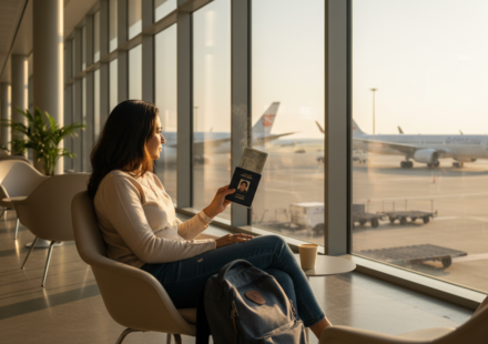 An Indian traveler holding a navy passport while seated near a large airport window overlooking airplanes on the runway.