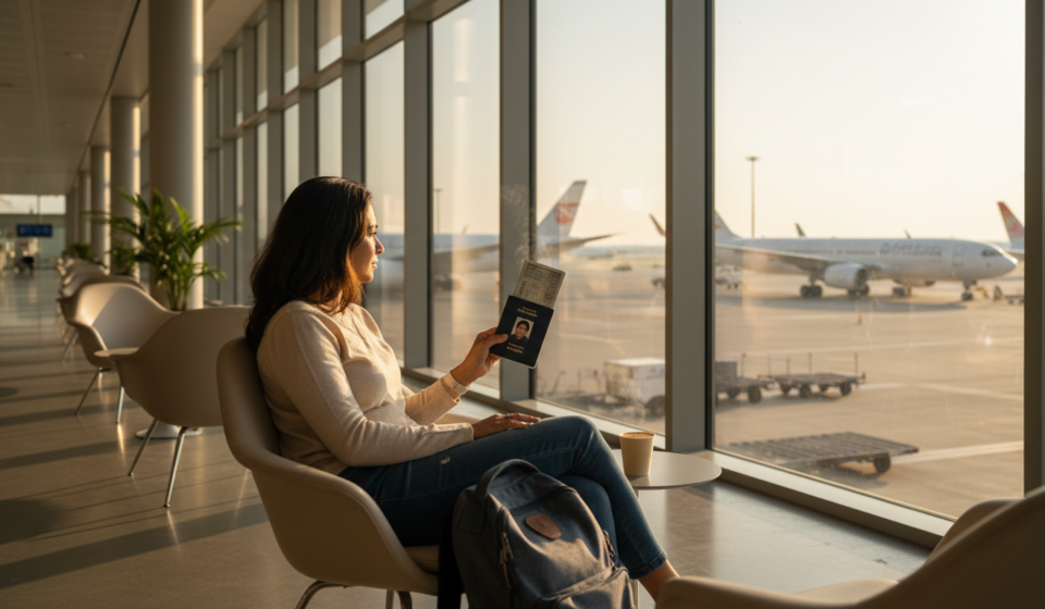 An Indian traveler holding a navy passport while seated near a large airport window overlooking airplanes on the runway.