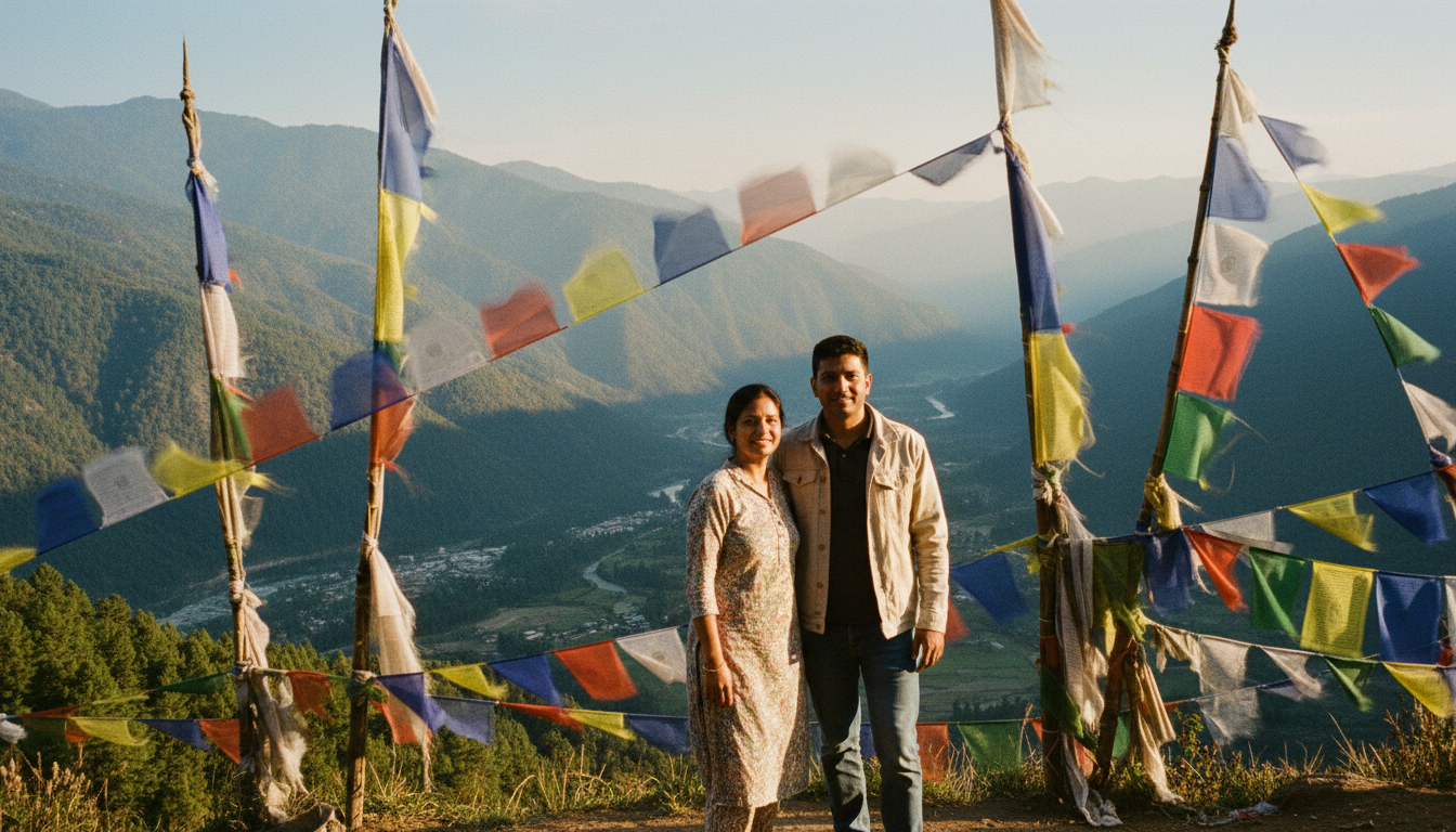 An Indian couple looking out over a lush green mountain valley in Bhutan lined with colorful prayer flags.