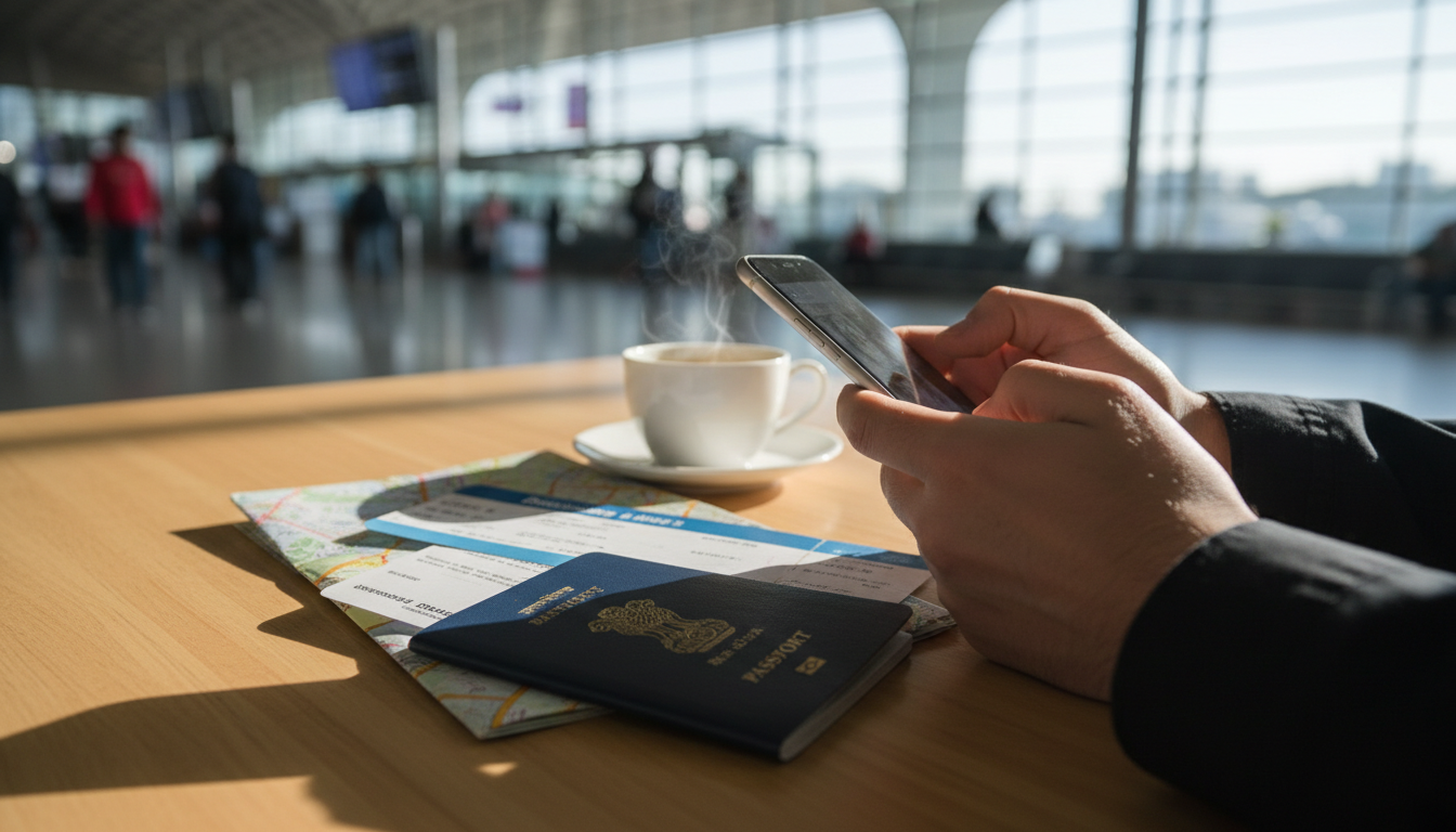 Close-up of hands holding a smartphone next to an Indian passport on a wooden table at an airport cafe.