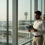 An Indian couple standing in a modern airport terminal holding blue passports and travel documents.