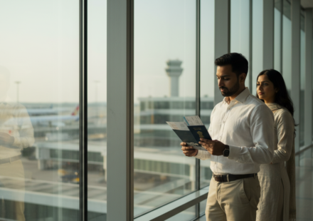 An Indian couple standing in a modern airport terminal holding blue passports and travel documents.