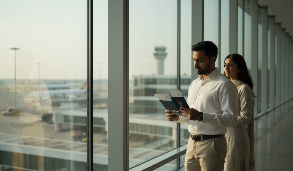 Visa on Arrival Countries for Indians (2026): Full List & Rules An Indian couple standing in a modern airport terminal holding blue passports and travel documents.