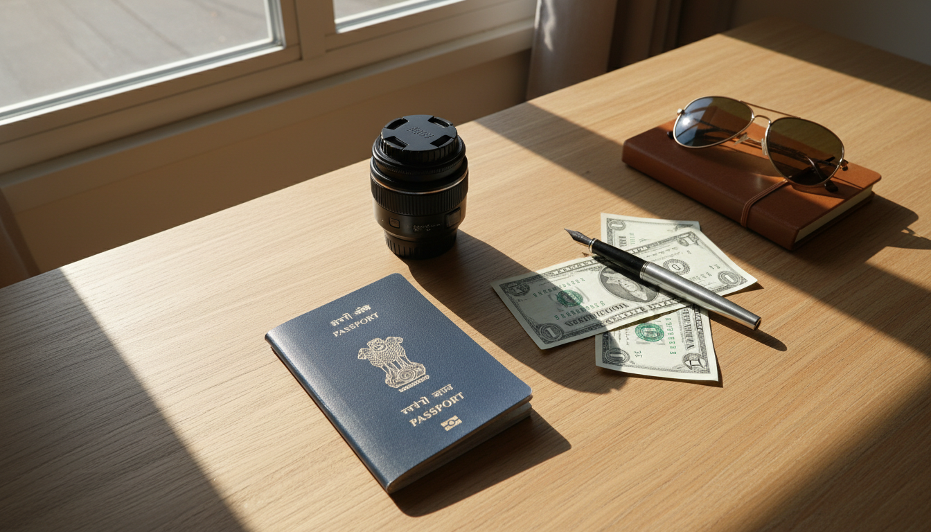 Visa on Arrival Countries for Indians (2026): Full List & Rules 1 An Indian passport, crisp US dollar bills, and travel accessories arranged neatly on a wooden tabletop.