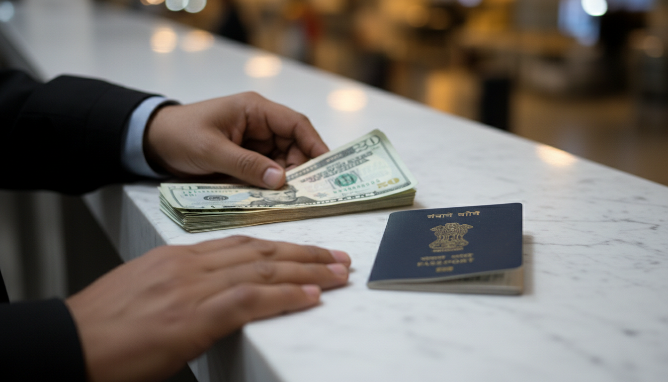 Visa on Arrival Countries for Indians (2026): Full List & Rules 2 Hands placing clean US dollar bills next to an Indian passport on an airport counter top.