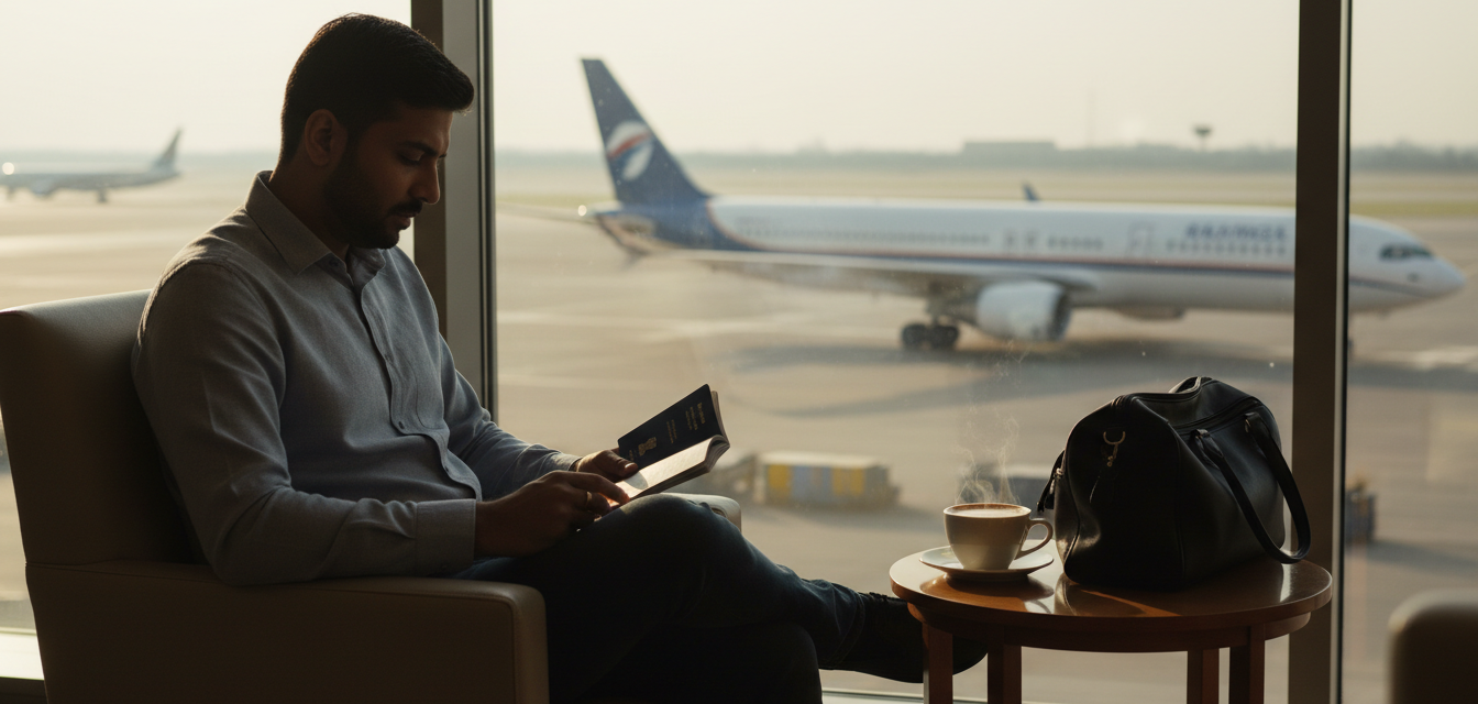 An Indian traveller holding an open blue passport with visa stamps near an airport glass window at morning light.