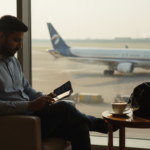 An Indian traveller holding an open blue passport with visa stamps near an airport glass window at morning light.
