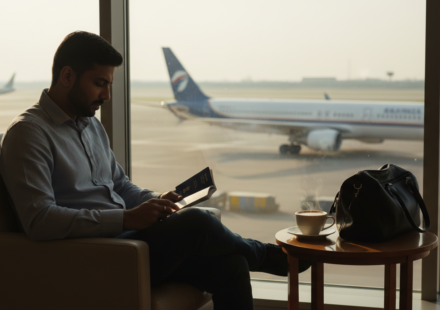An Indian traveller holding an open blue passport with visa stamps near an airport glass window at morning light.