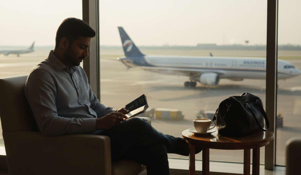 An Indian traveller holding an open blue passport with visa stamps near an airport glass window at morning light.