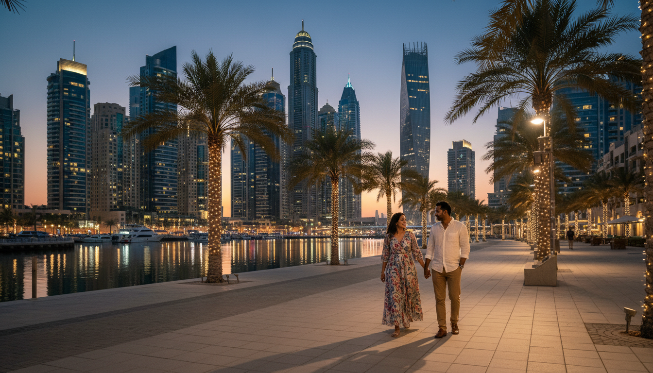 An Indian couple strolling along Dubai Marina waterfront at dusk, with lit skyscrapers reflected in the water.