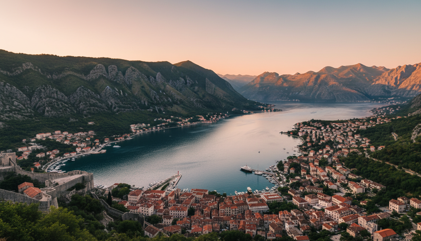 Historic stone buildings with red roofs in Montenegro framed by steep mountains under afternoon sunlight.