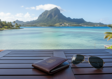 A wooden resort table overlooking a clear turquoise bay and green tropical mountain peak in Mauritius.
