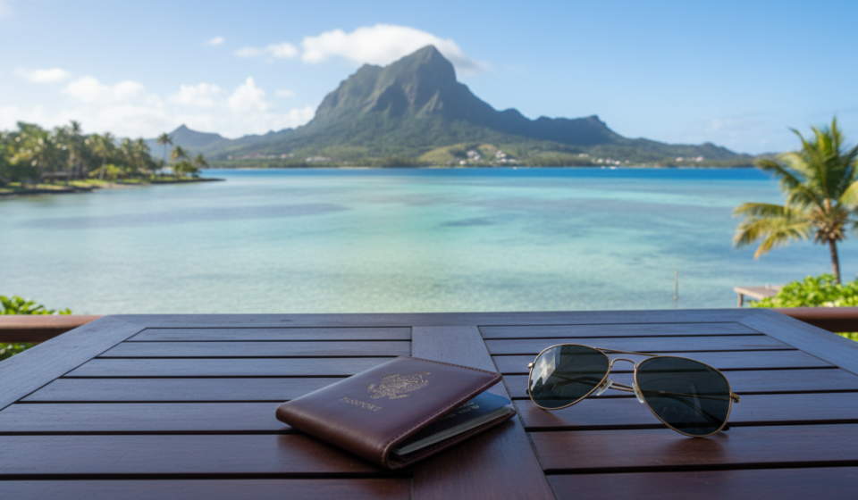 A wooden resort table overlooking a clear turquoise bay and green tropical mountain peak in Mauritius.