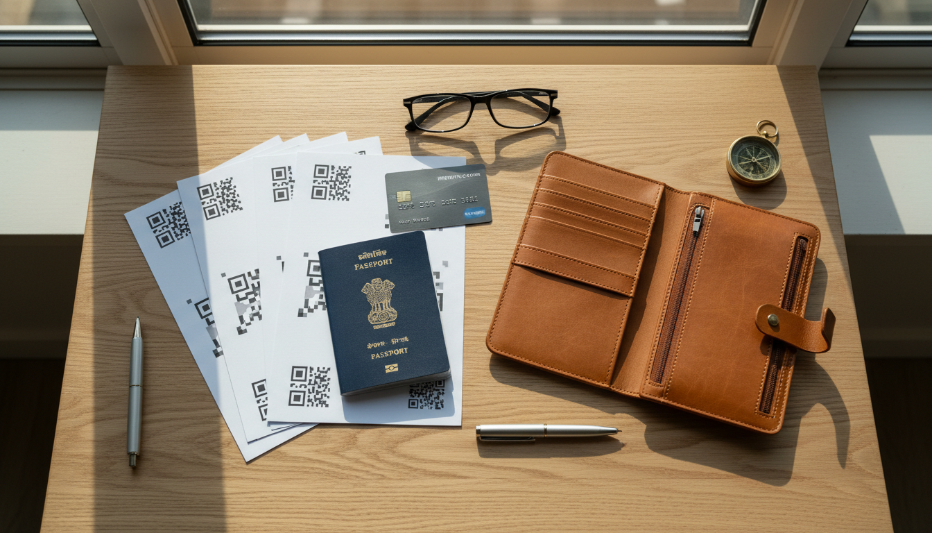 An Indian passport, printed travel forms, and an international credit card neatly laid out on a light wood desk.