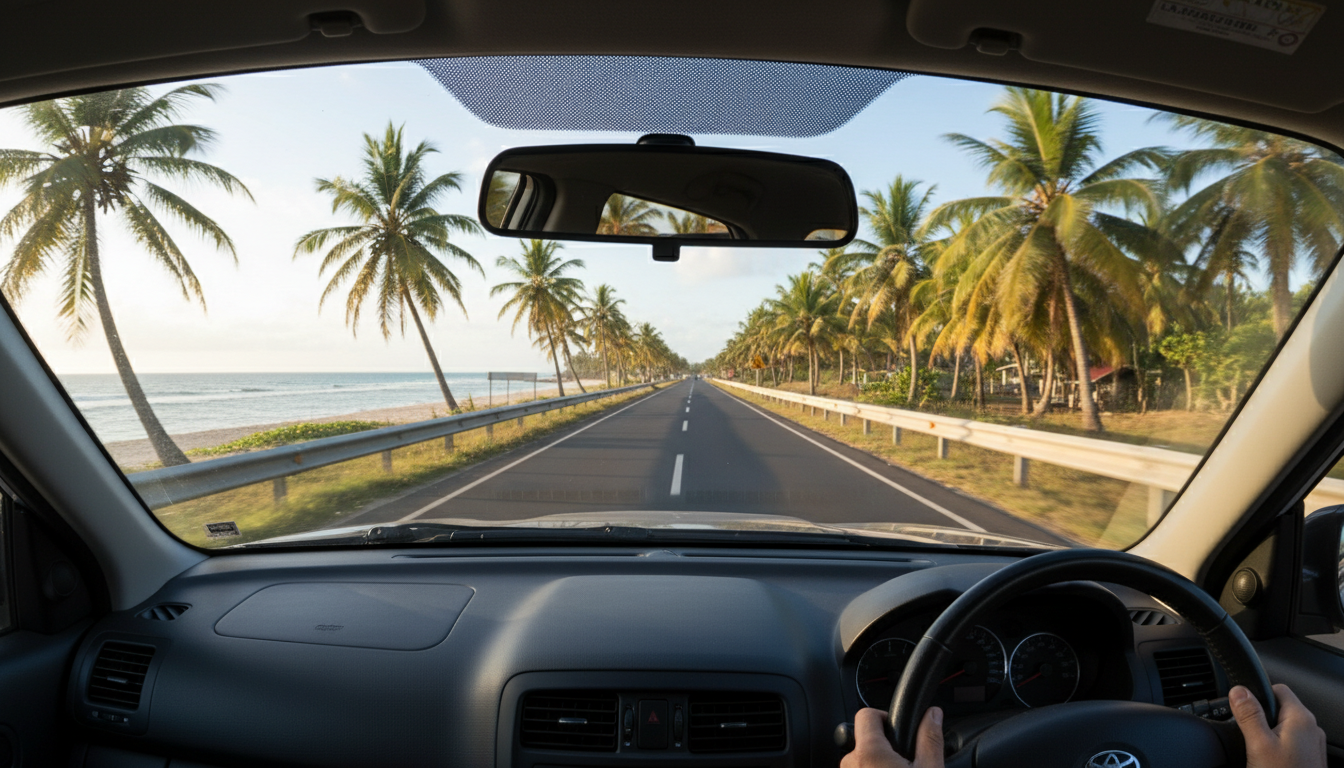 View from inside a vehicle driving on the left side of a tropical coastal road next to the ocean.