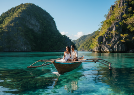 An Indian couple sitting on a traditional bangka boat floating on clear turquoise lagoon waters in El Nido.
