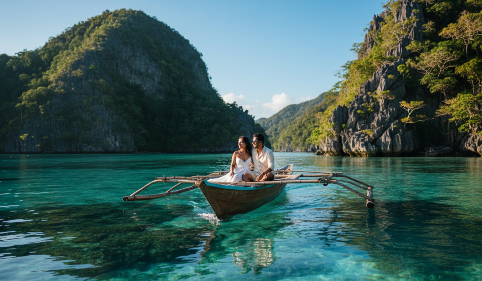 An Indian couple sitting on a traditional bangka boat floating on clear turquoise lagoon waters in El Nido.