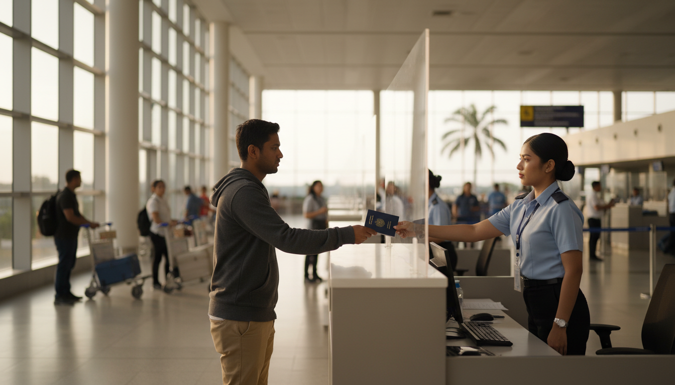 An Indian traveller presenting a passport to an immigration official at a modern airport arrivals desk.