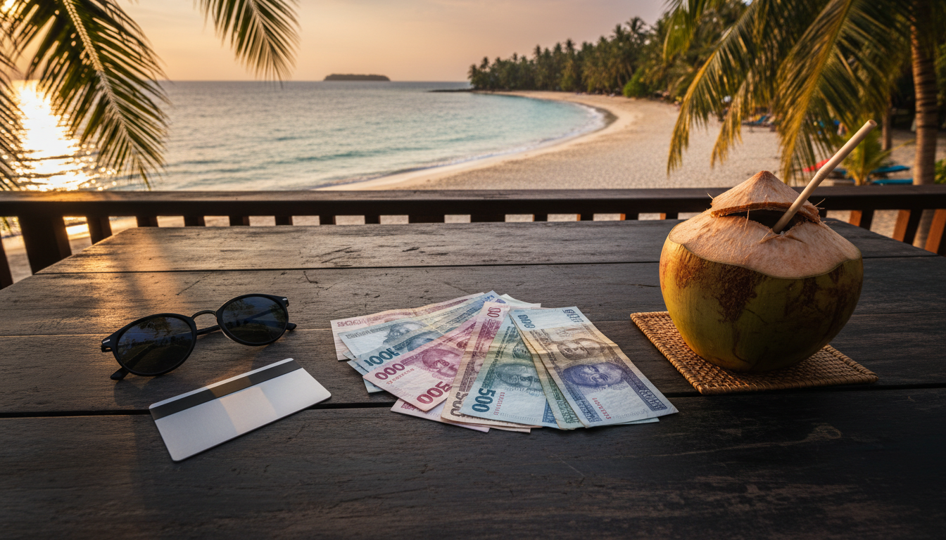 Philippine Peso notes, a travel Forex card, and a fresh coconut arranged on a wooden beach table.