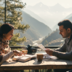 An Indian couple reviewing travel itinerary documents on a wooden cafe balcony overlooking a mountain valley.