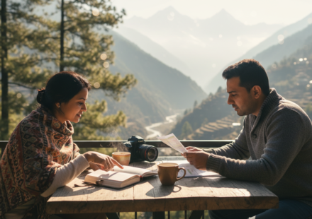 An Indian couple reviewing travel itinerary documents on a wooden cafe balcony overlooking a mountain valley.