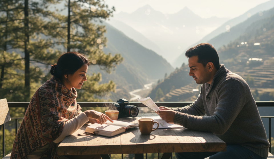 An Indian couple reviewing travel itinerary documents on a wooden cafe balcony overlooking a mountain valley.