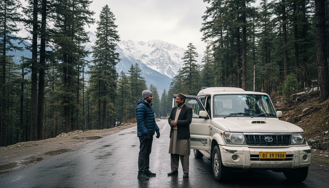 A traveler standing near a local SUV at a taxi stand in a pine-forested mountain region.