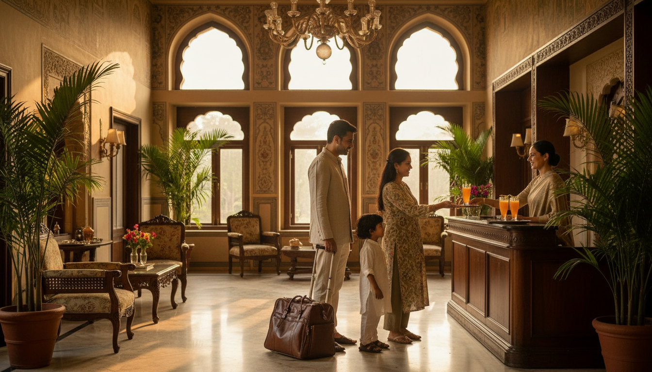 A family checking in at a resort reception desk where staff hand over room keys.