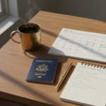 A desk organized with an Indian passport, desk calendar, notebook, glasses, and coffee during trip planning.