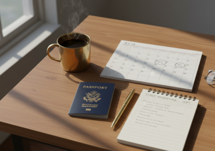 A desk organized with an Indian passport, desk calendar, notebook, glasses, and coffee during trip planning.