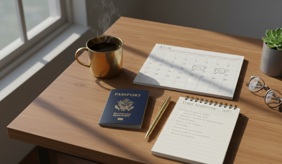 When Should You Start Planning a Trip? Travel Timeline Guide A desk organized with an Indian passport, desk calendar, notebook, glasses, and coffee during trip planning.