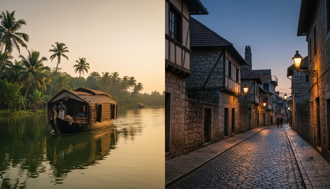 When Should You Start Planning a Trip? Travel Timeline Guide 2 A dual scene showing a quiet Kerala backwater boat trip alongside a European cobble street in dusk light.